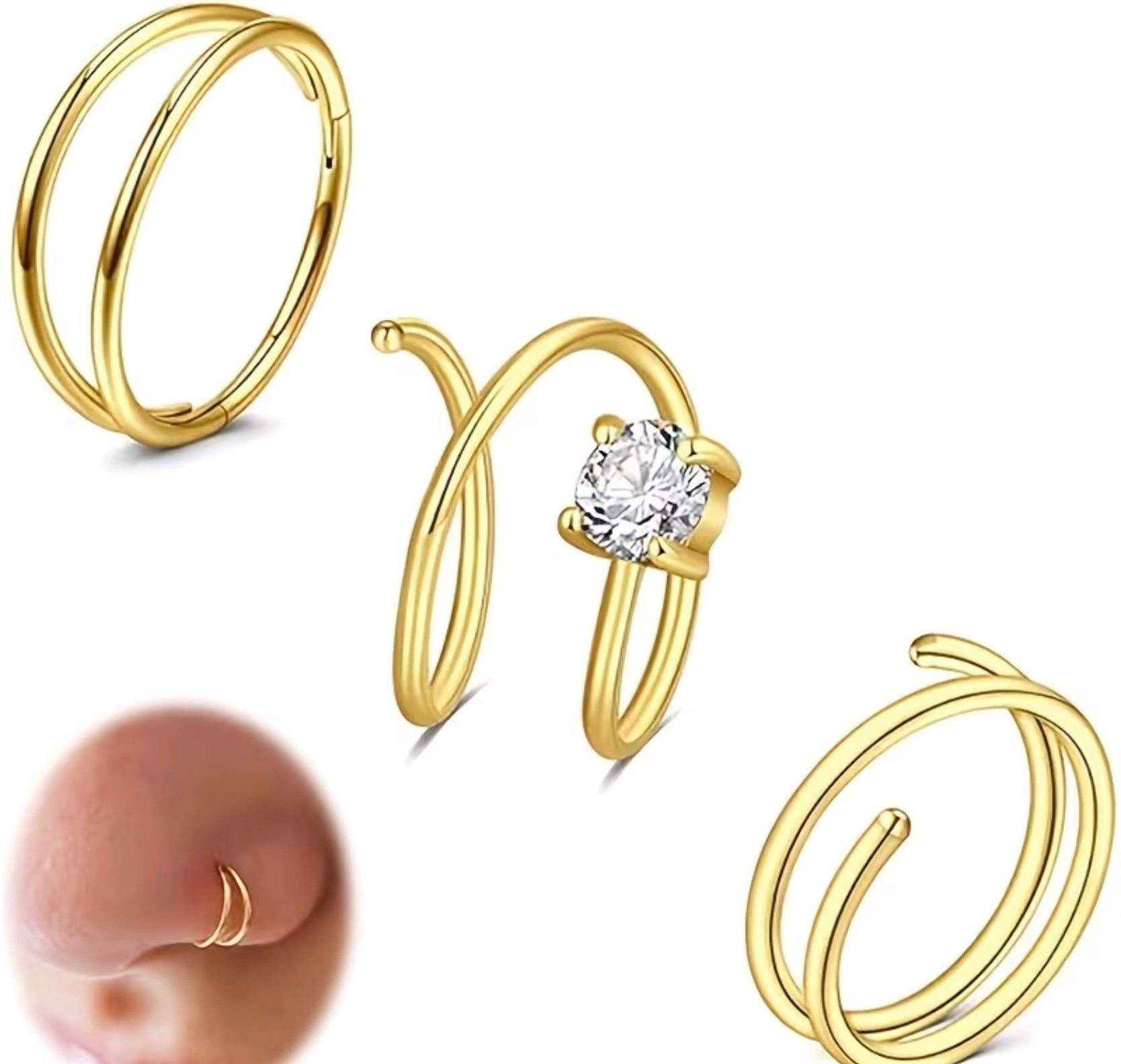 3 Double Hoop Look Nose Rings