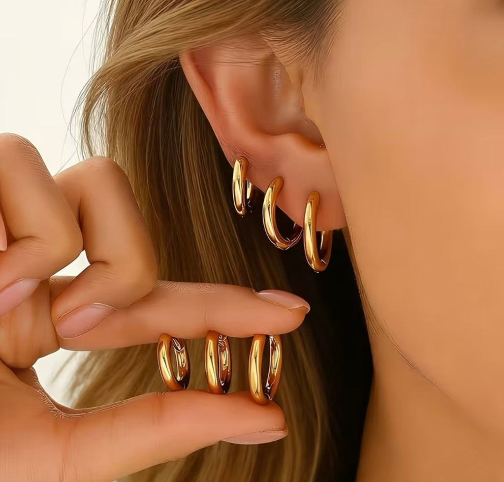 Waterproof Gold Plated Stainless Steel Stacking Huggie Earrings 3-Pack