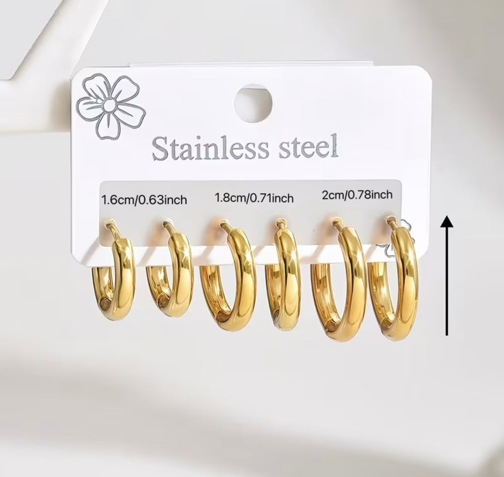 Waterproof Gold Plated Stainless Steel Stacking Huggie Earrings 3-Pack