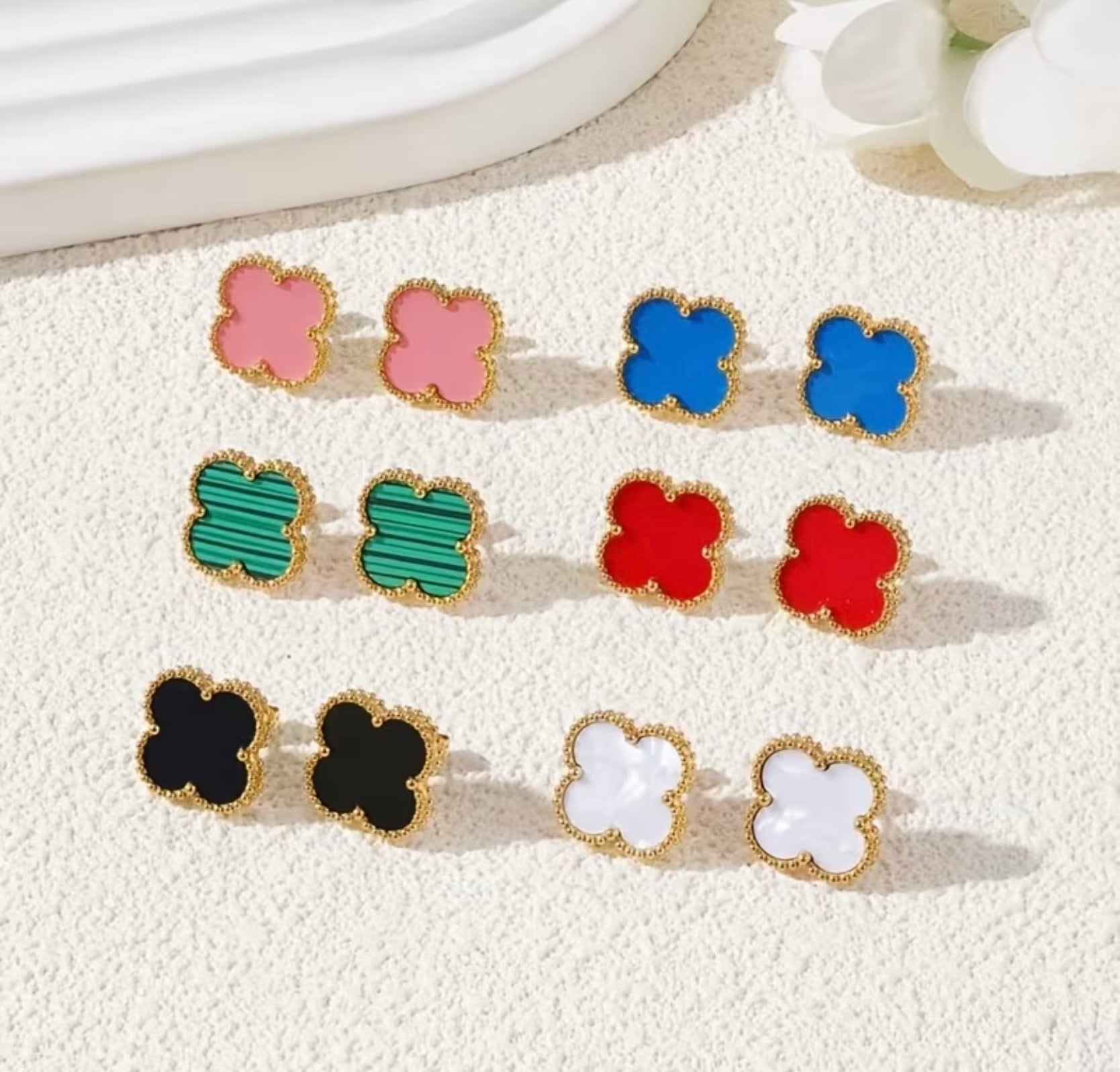Waterproof Gold Plated Stainless Steel Enamel Clover Stud Earrings