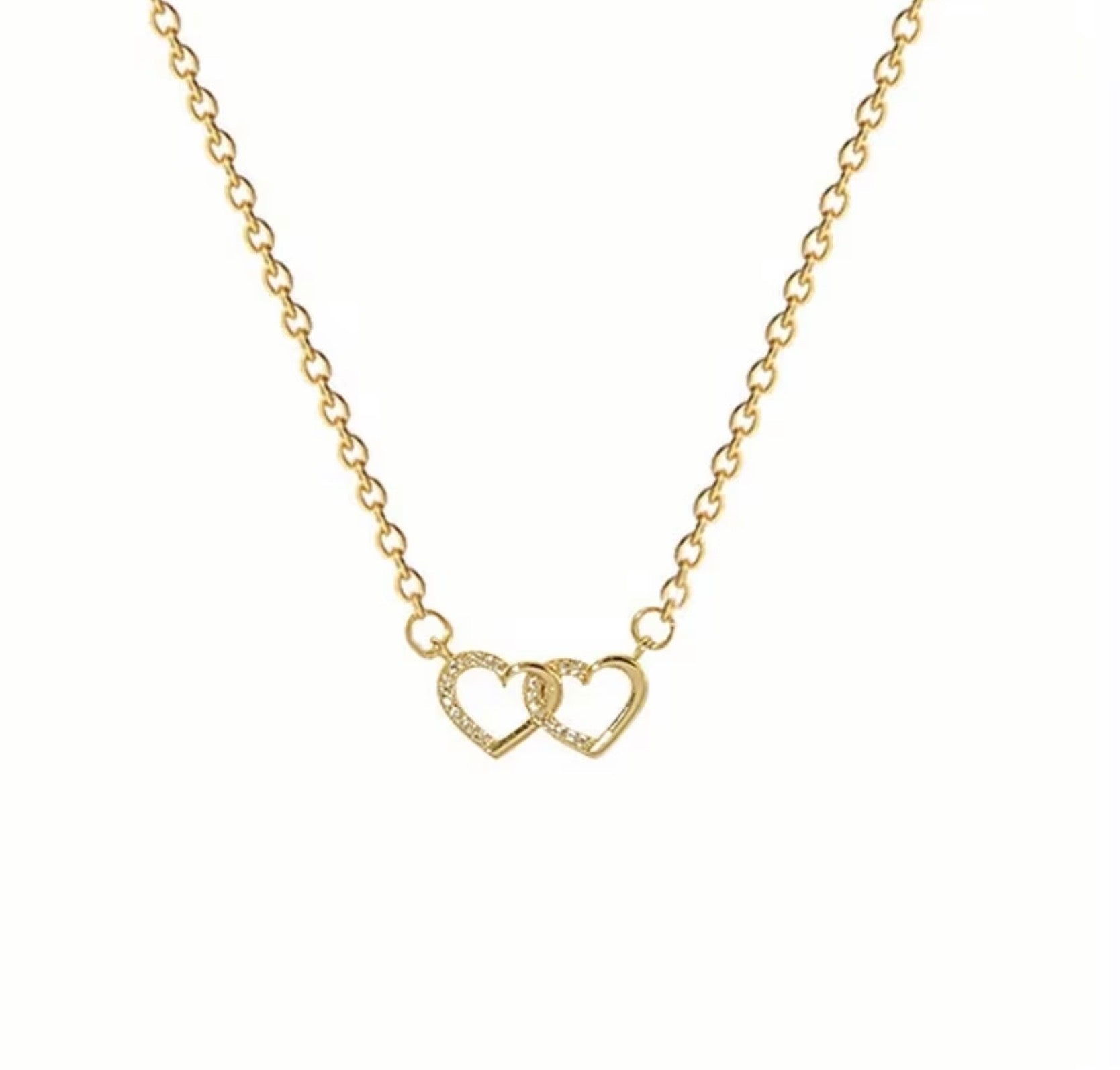 Gold Cubic Zirconia Open Double Heart Necklace