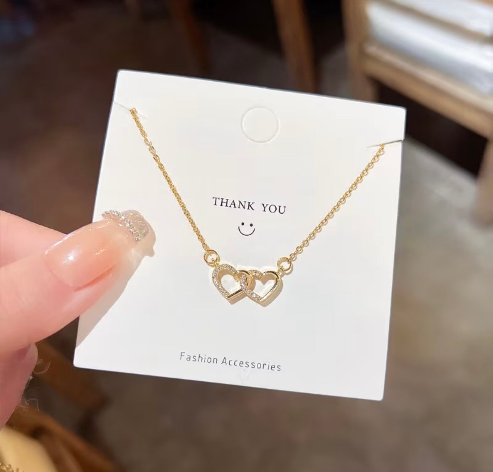 Gold Cubic Zirconia Open Double Heart Necklace