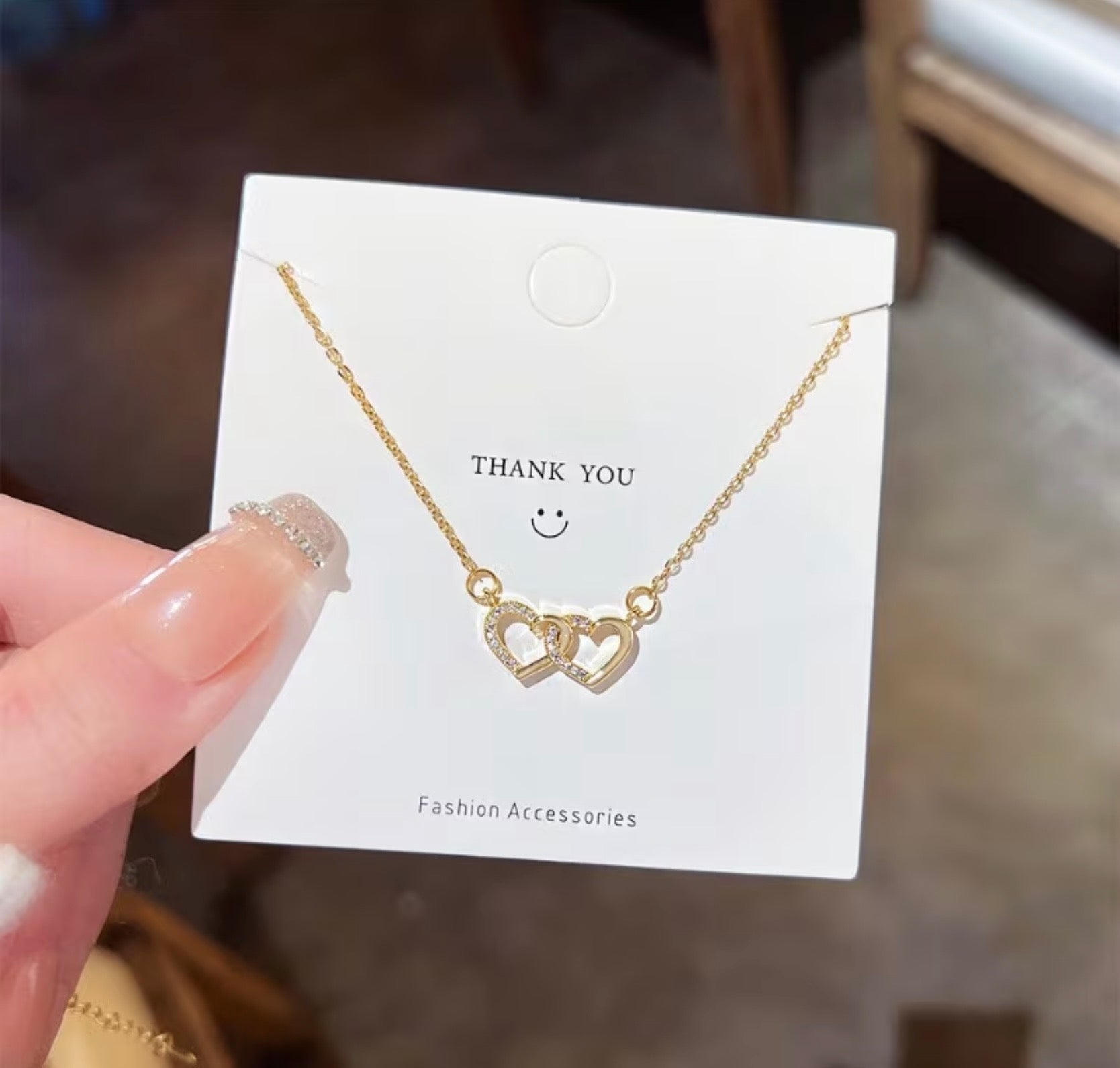Gold Cubic Zirconia Open Double Heart Necklace