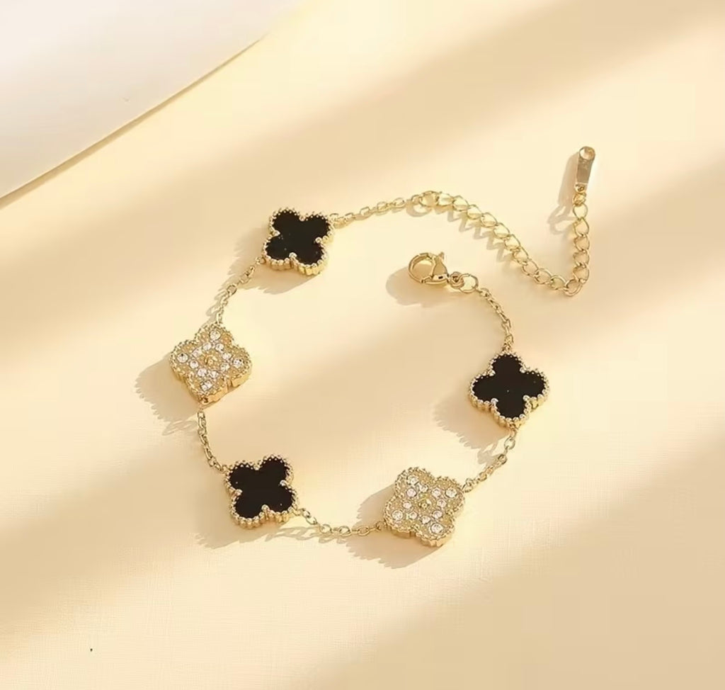 Waterproof Gold Plated Stainless Steel Four Leaf Clover Rhinestone Bracelet