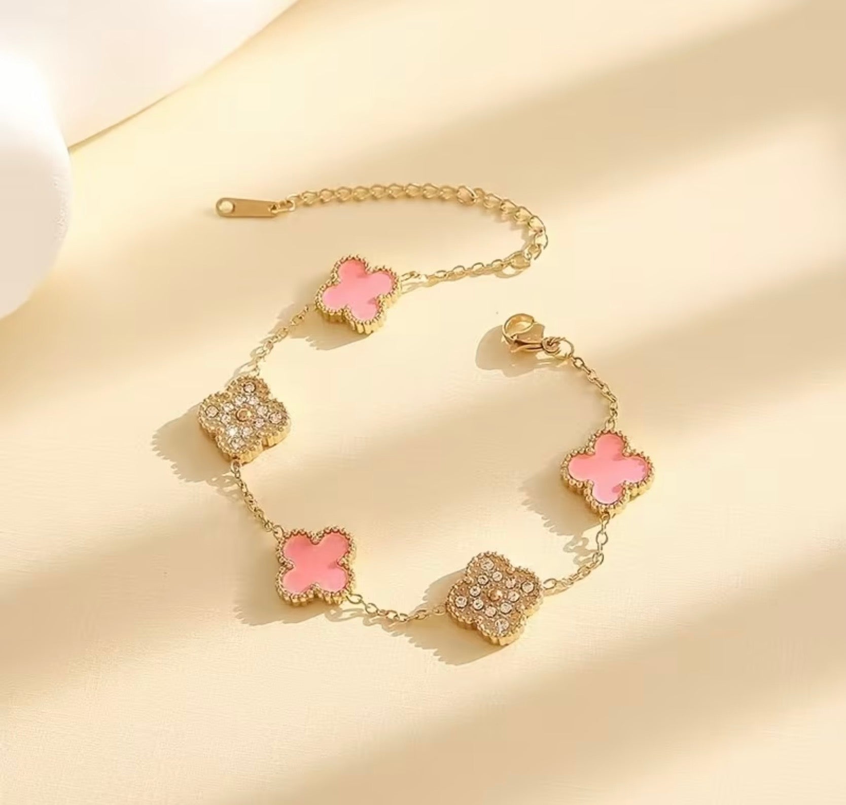 Waterproof Gold Plated Stainless Steel Four Leaf Clover Rhinestone Bracelet