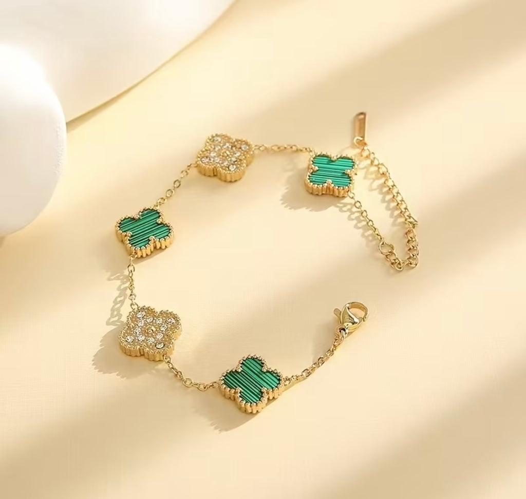 Waterproof Gold Plated Stainless Steel Four Leaf Clover Rhinestone Bracelet