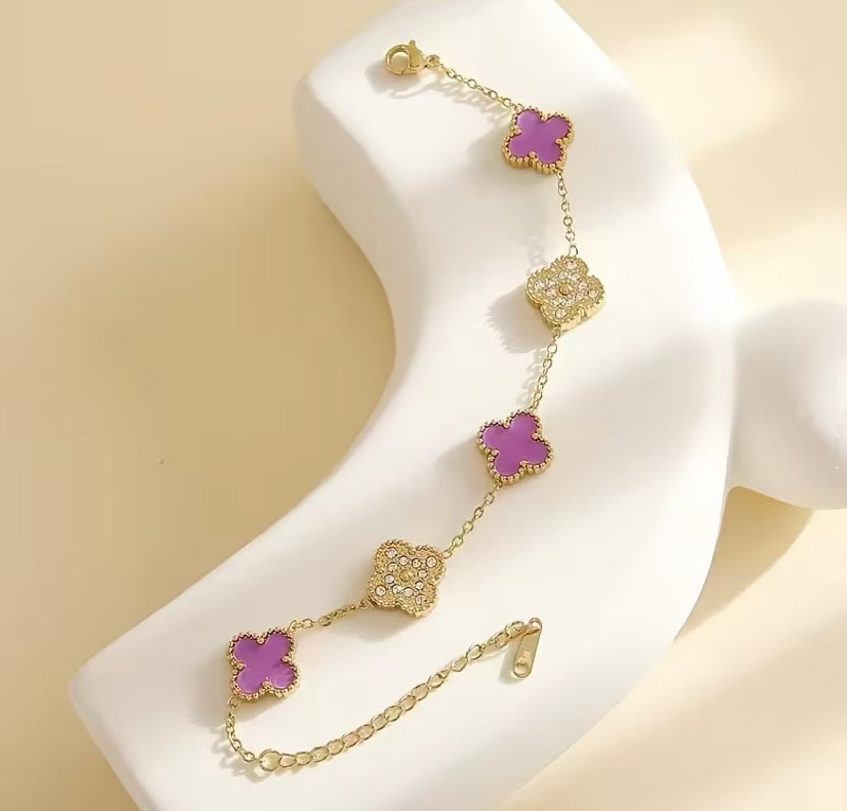 Waterproof Gold Plated Stainless Steel Four Leaf Clover Rhinestone Bracelet
