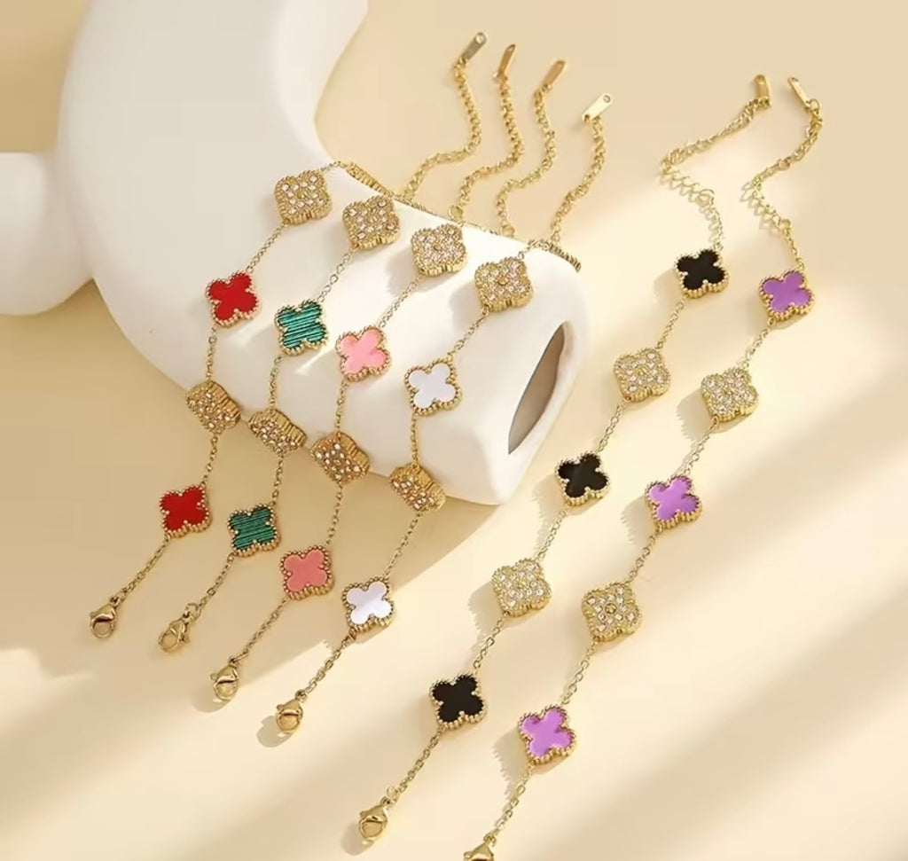 Waterproof Gold Plated Stainless Steel Four Leaf Clover Rhinestone Bracelet