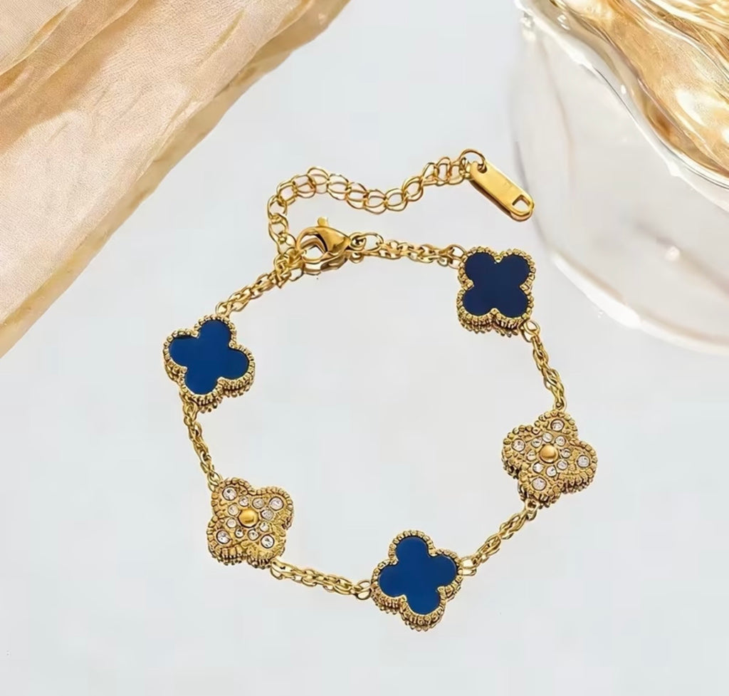 Waterproof Gold Plated Stainless Steel Four Leaf Clover Rhinestone Bracelet