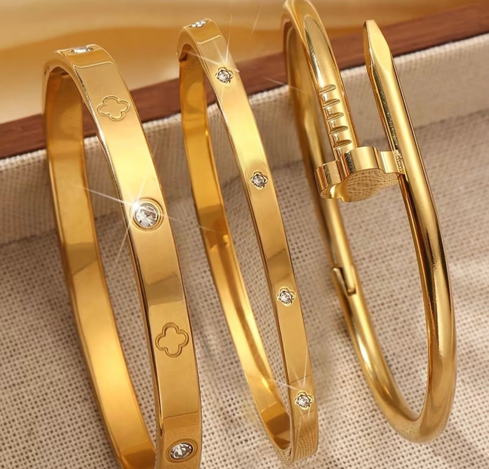 Waterproof Gold Plated Stainless Steel Cubic Zirconia 3 Piece Bangle Set