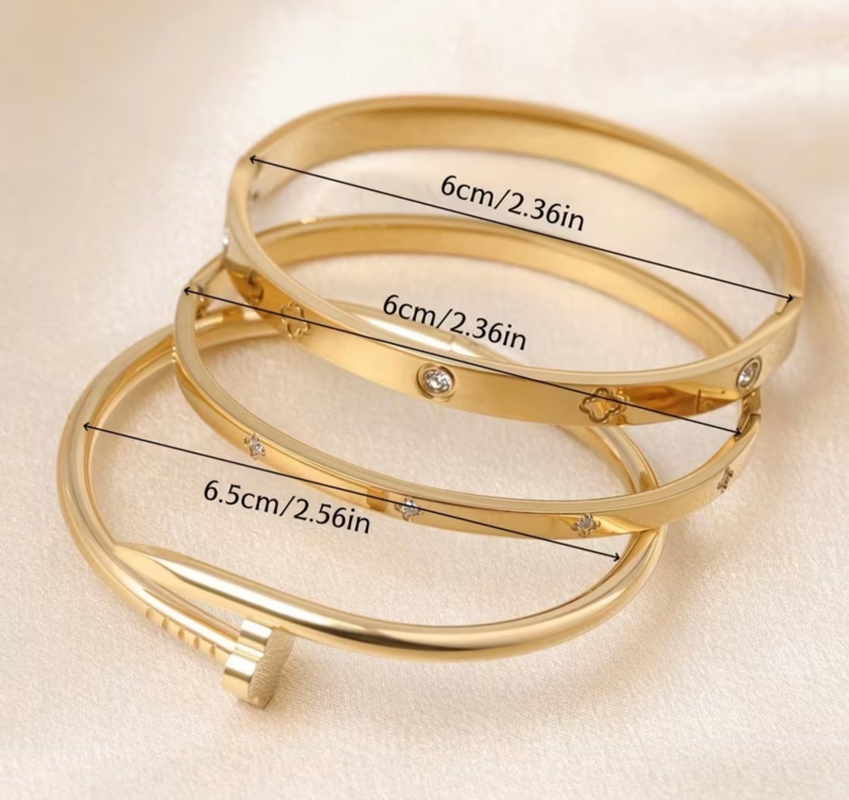 Waterproof Gold Plated Stainless Steel Cubic Zirconia 3 Piece Bangle Set