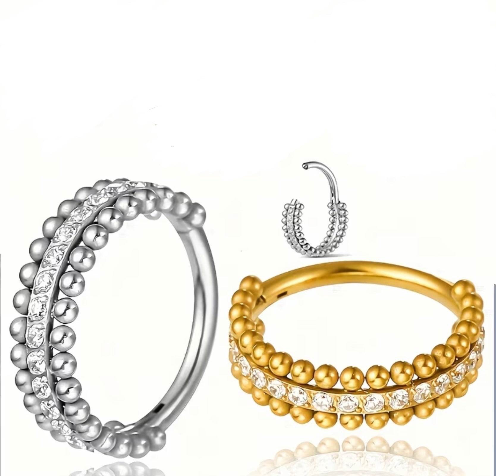Stainless Steel Hypoallergenic Double Layer Steel Ball and Cubic Zirconia Nose Ring Hoop