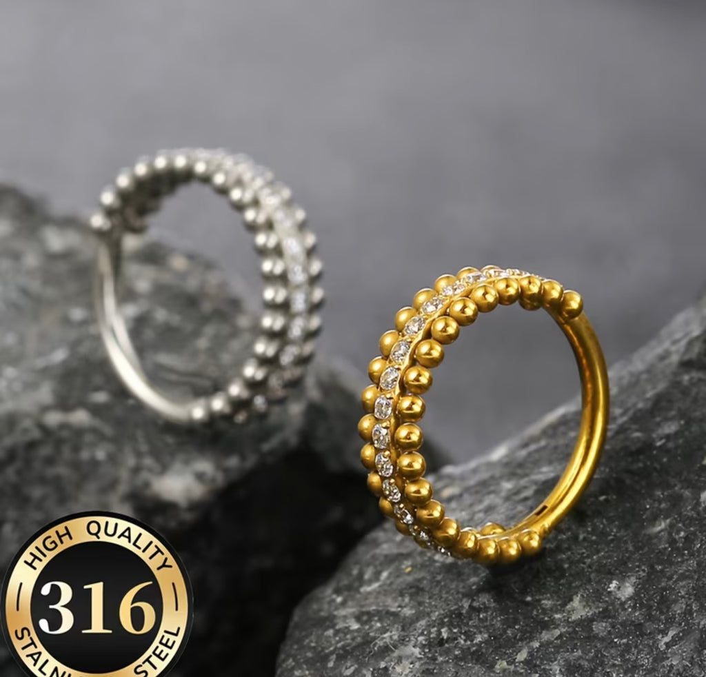 Stainless Steel Hypoallergenic Double Layer Steel Ball and Cubic Zirconia Nose Ring Hoop