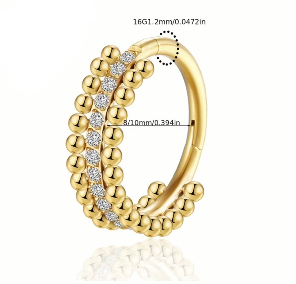 Stainless Steel Hypoallergenic Double Layer Steel Ball and Cubic Zirconia Nose Ring Hoop