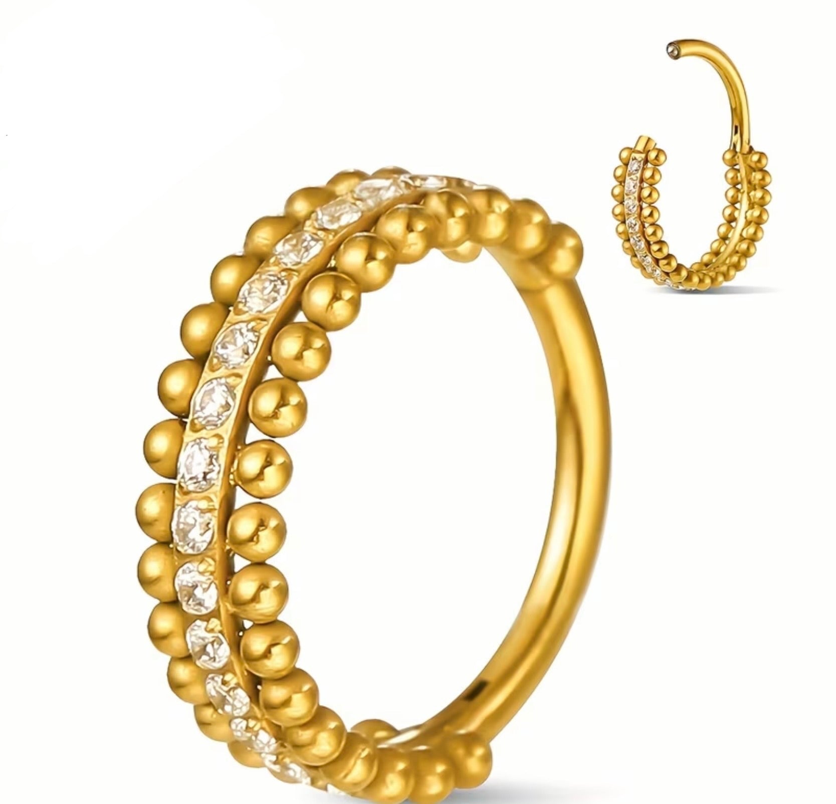 Stainless Steel Hypoallergenic Double Layer Steel Ball and Cubic Zirconia Nose Ring Hoop