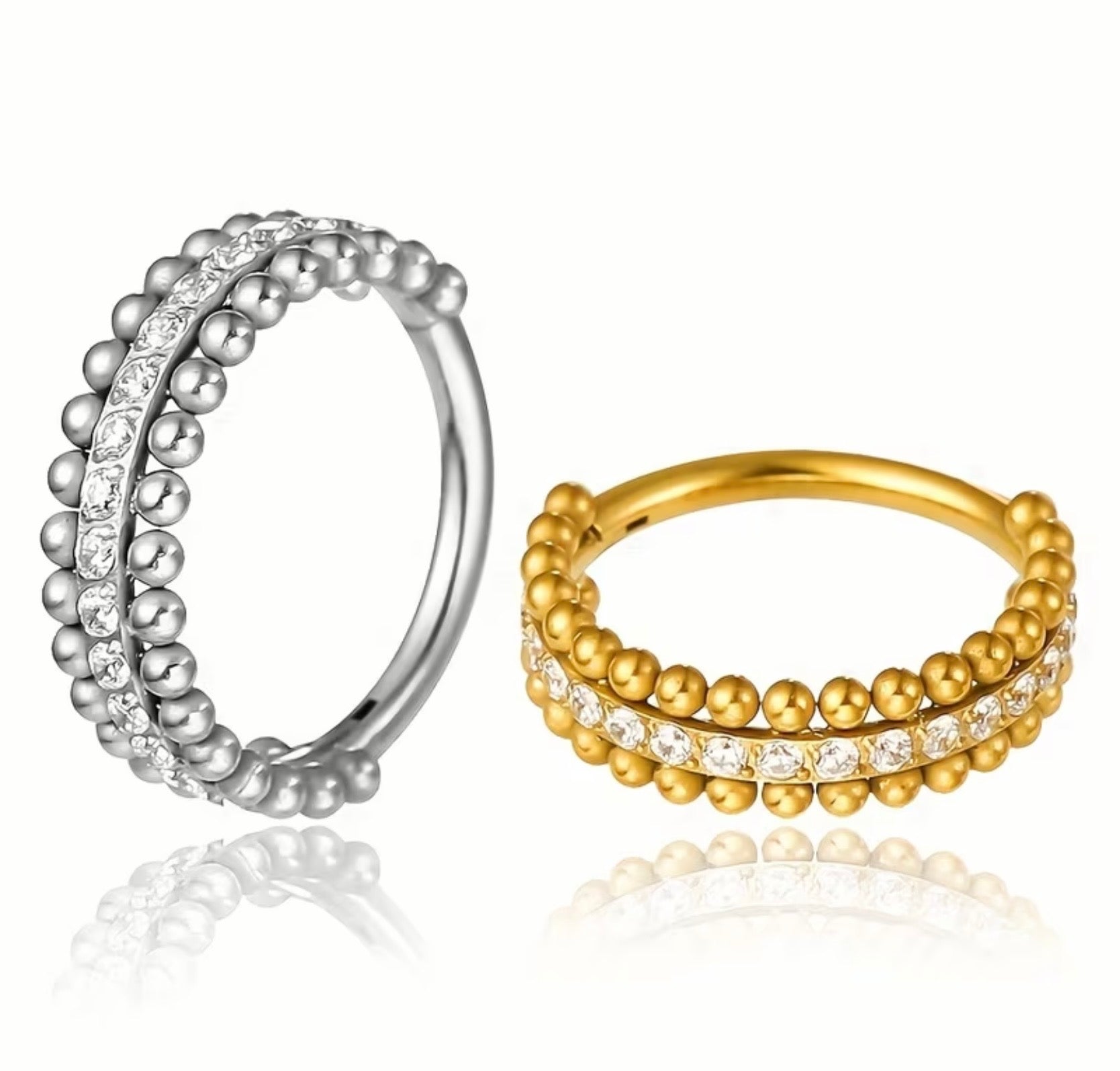 Stainless Steel Hypoallergenic Double Layer Steel Ball and Cubic Zirconia Nose Ring Hoop