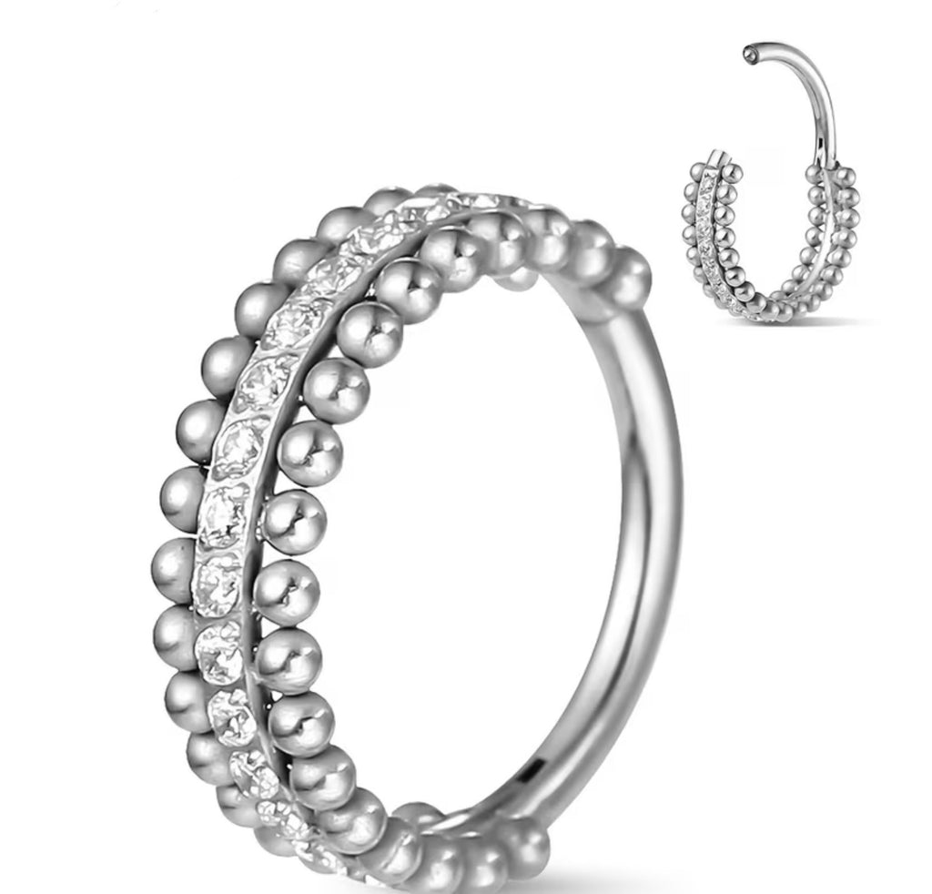 Stainless Steel Hypoallergenic Double Layer Steel Ball and Cubic Zirconia Nose Ring Hoop