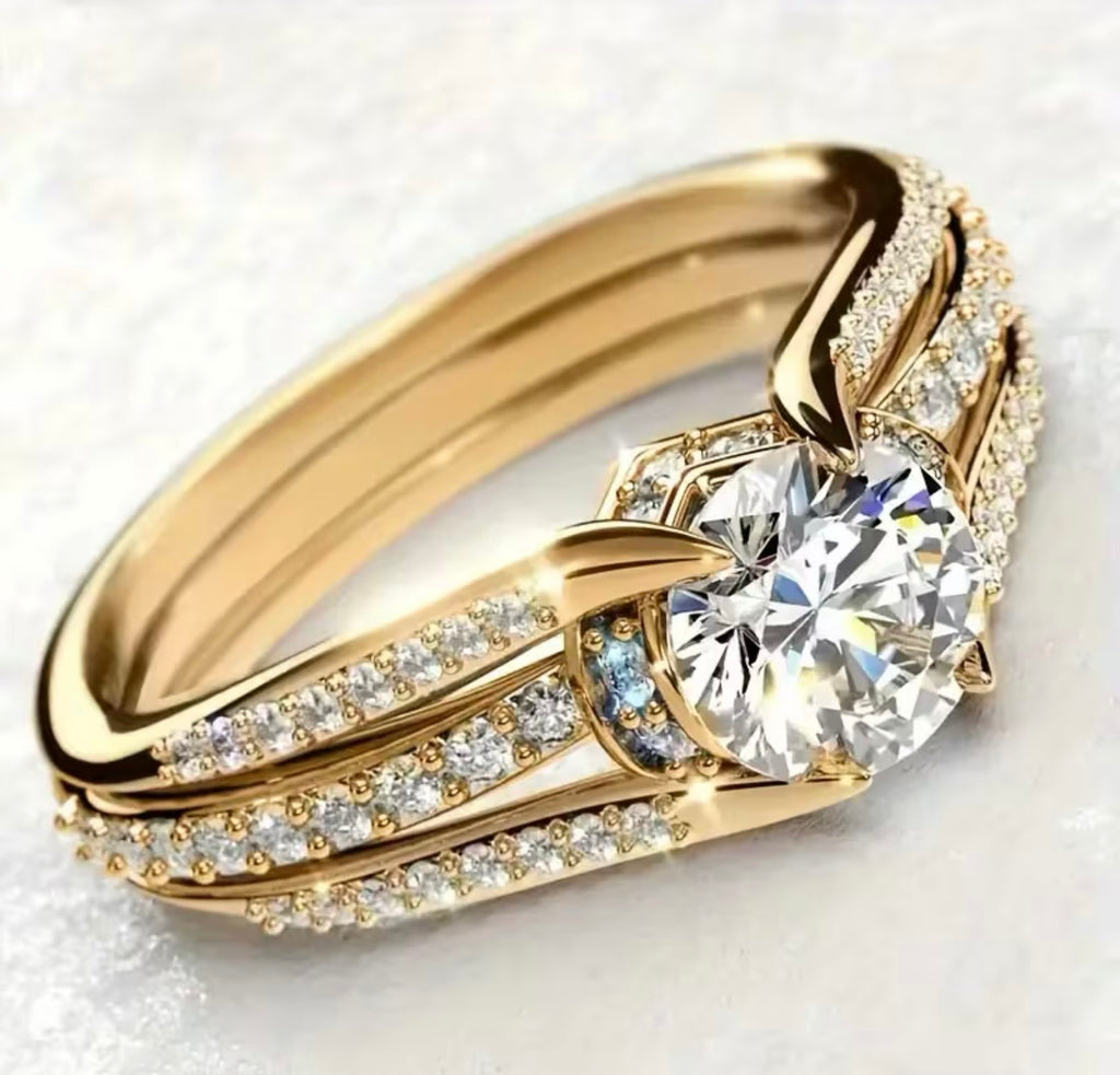 Sparkling Gold plated Cubic Zirconia Synthetic Engagement/ Wedding Ring