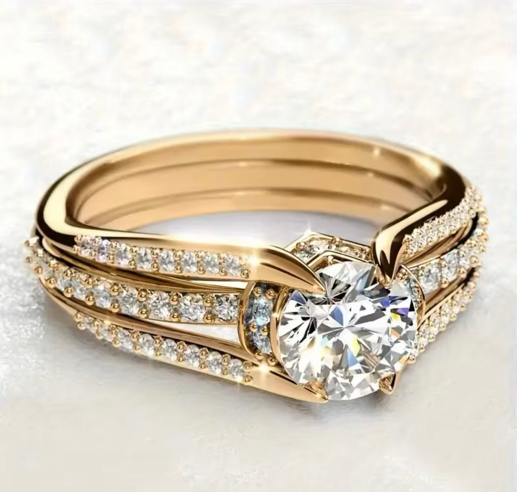 Sparkling Gold plated Cubic Zirconia Synthetic Engagement/ Wedding Ring