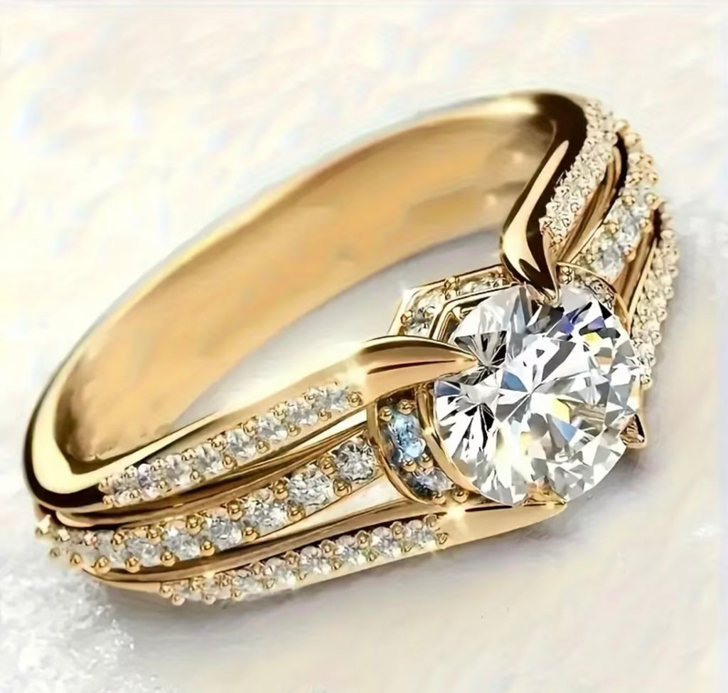 Sparkling Gold plated Cubic Zirconia Synthetic Engagement/ Wedding Ring