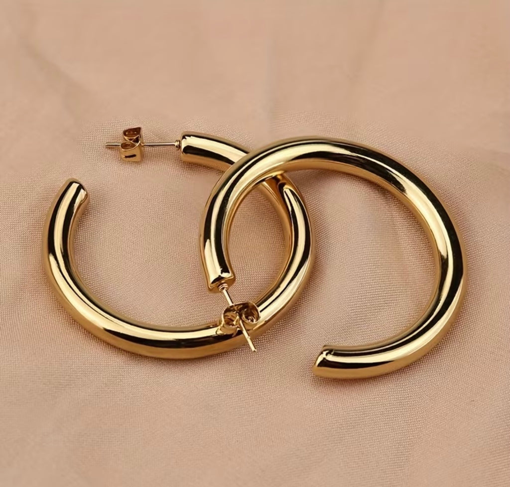 Waterproof Gold Plated Stainless Steel Tube Open Hoop Earrings