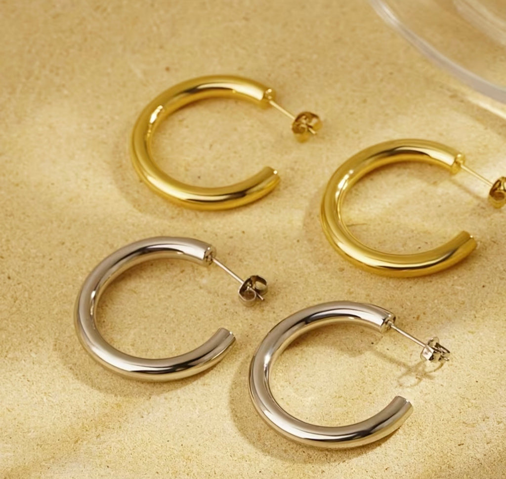 Waterproof Gold Plated Stainless Steel Tube Open Hoop Earrings