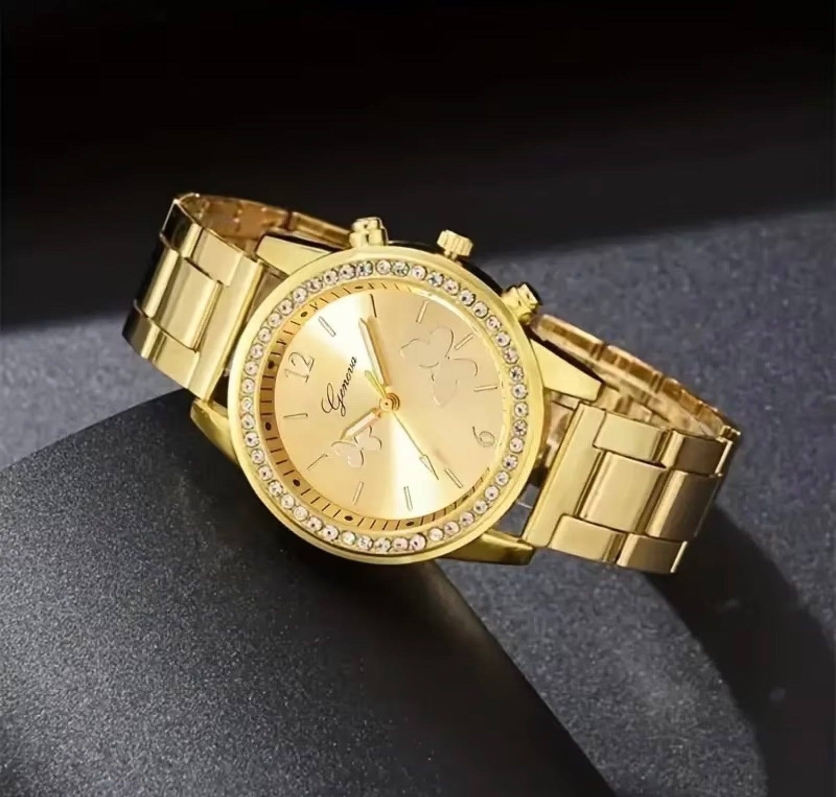 Gold Large Diamanté Round Face Watch
