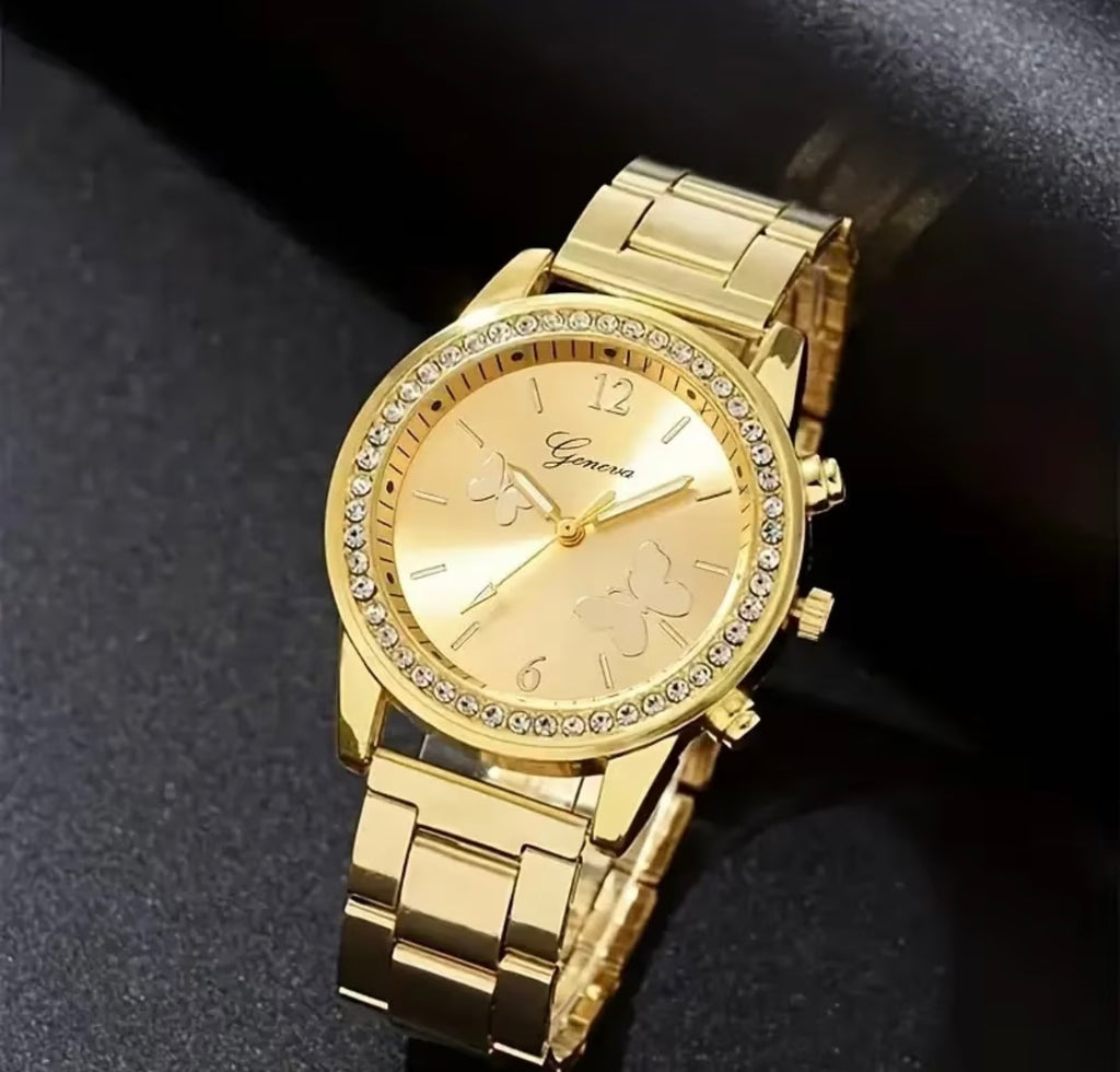 Gold Large Diamanté Round Face Watch