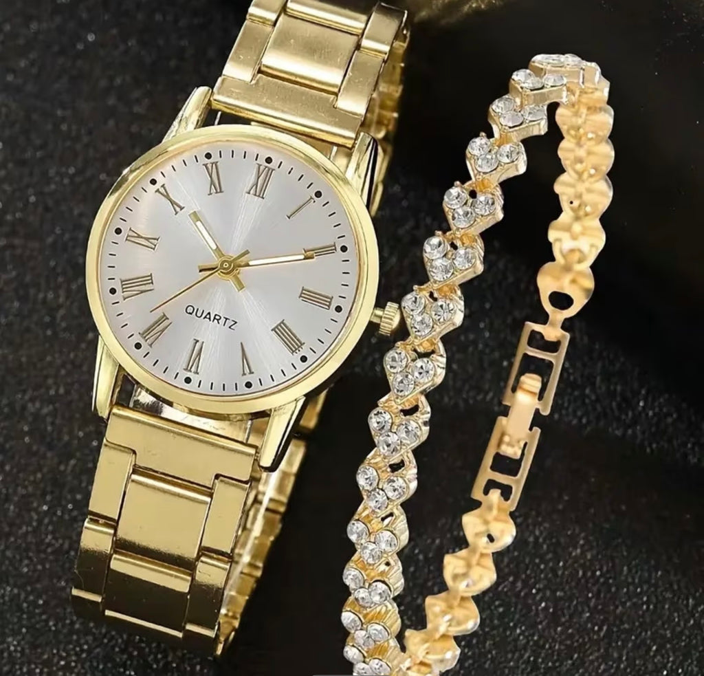 Gold Round Roman Numeral Watch and Bracelet Set