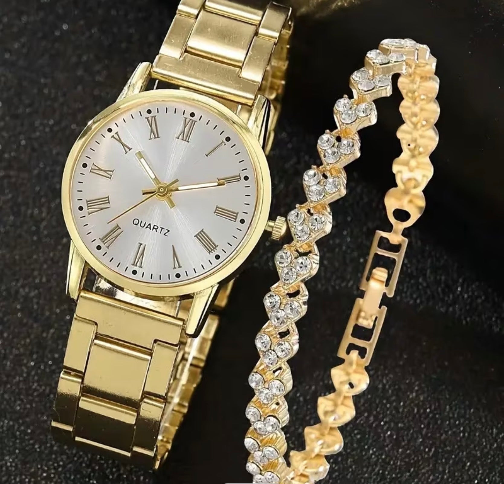 Gold Round Roman Numeral Watch and Bracelet Set