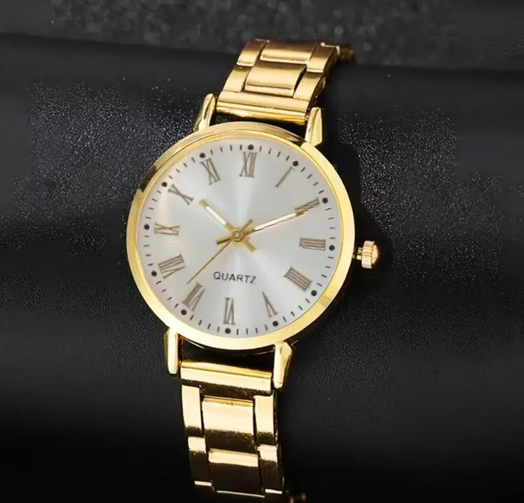 Gold Round Roman Numeral Watch and Bracelet Set